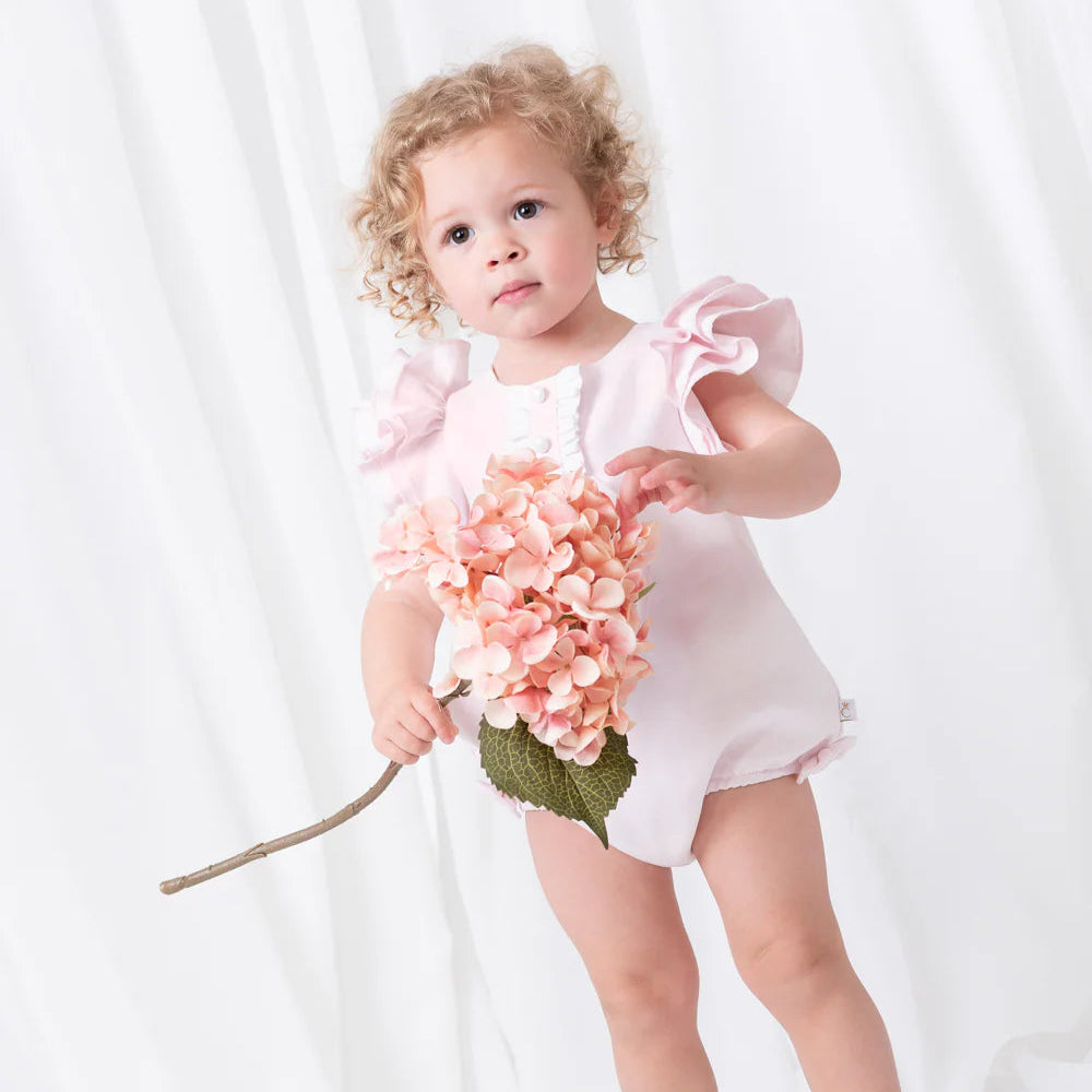 Caramelo Baby Girl's Pink Summer Fete Bow Frill-Sleeve Romper