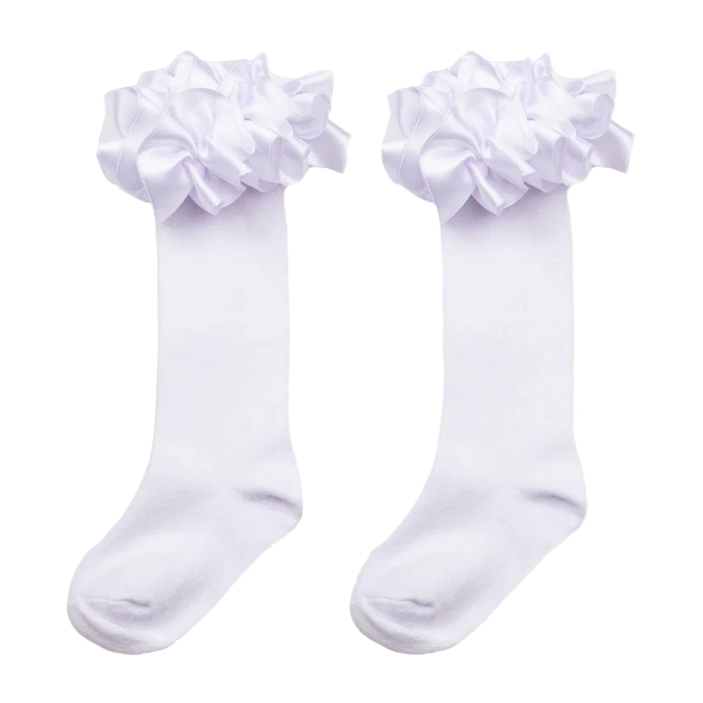 Caramelo Girl's White Ruffle Ribbon Knee Length Socks