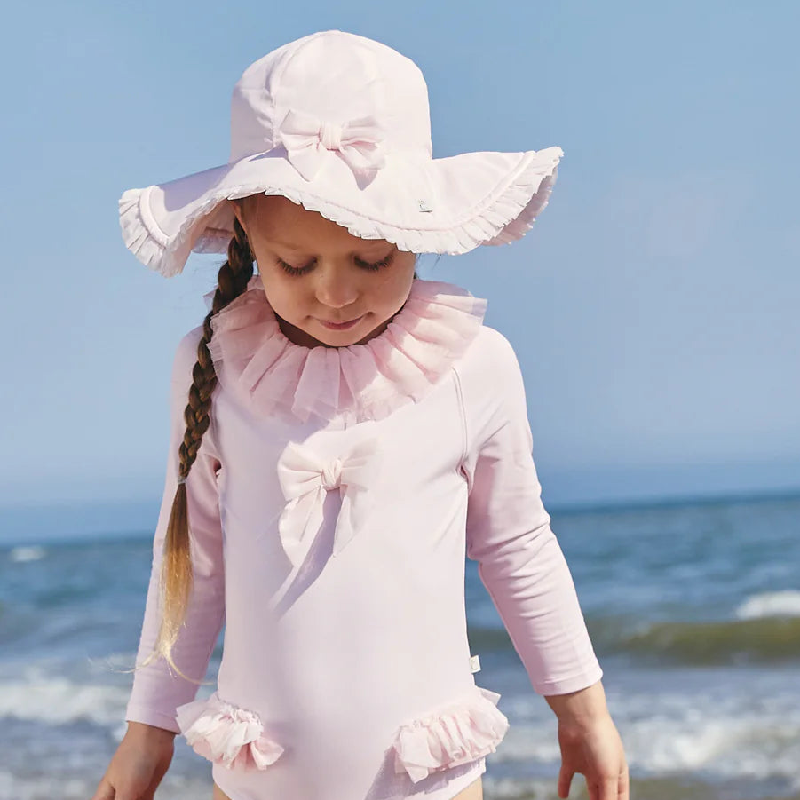 Caramelo Girl's Pink Bow & Tulle Ruffle Sun Hat