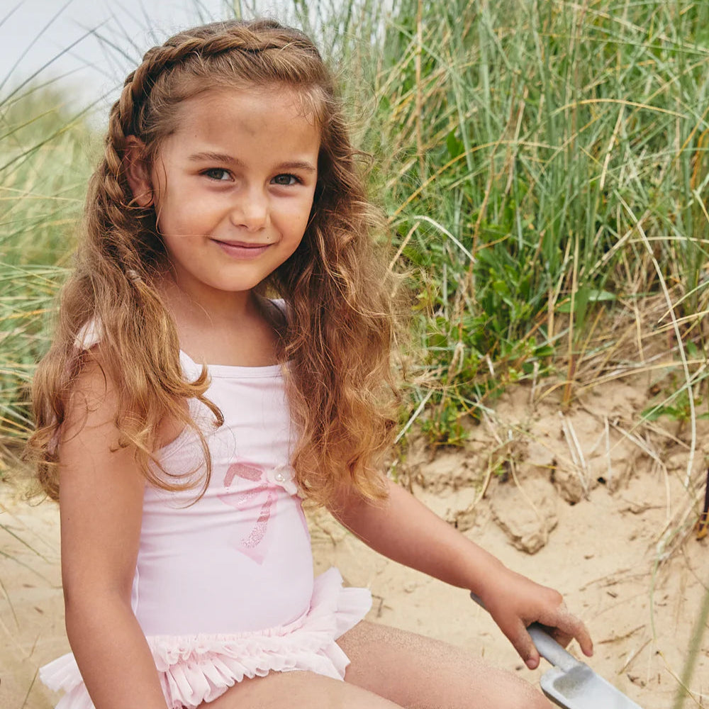 Caramelo Girl's Pink Tulle-Trimmed Swimsuit