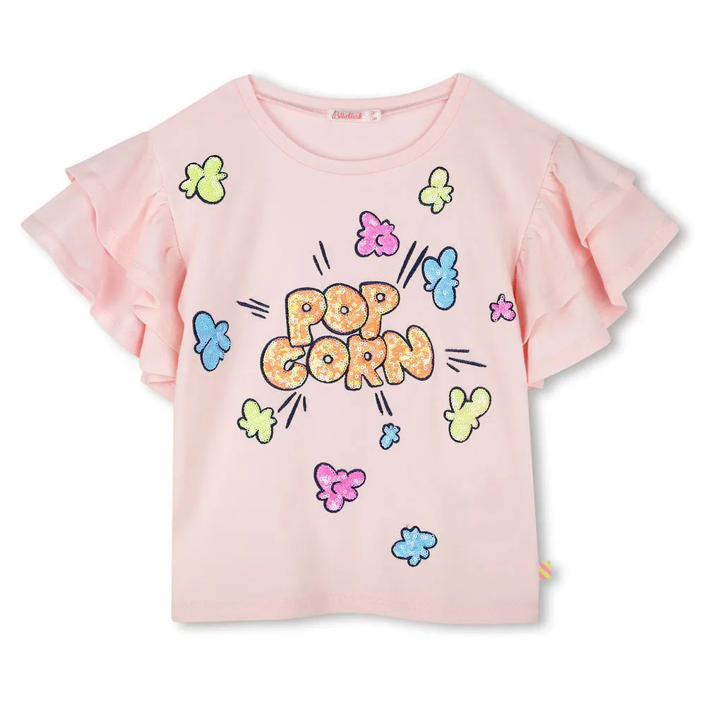 Billie Blush Girl's Pale Pink Ruffle Popcorn Graphic T-Shirt