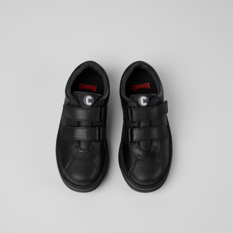 Camper Boy's Black Leather & Textile 'Runner' Double-Velcro Sneaker School Shoes