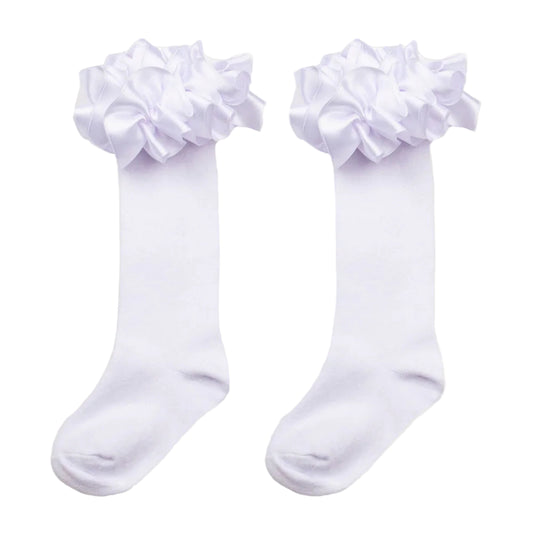 Caramelo Girl's White Ruffle Ribbon Knee Length Socks