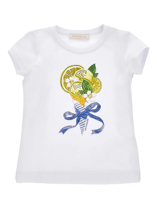 Monnalisa Girl's White Embellished Print T-Shirt
