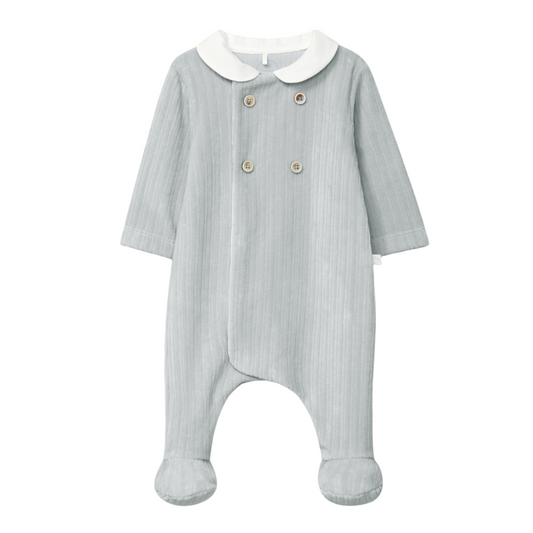 Laranjinha Baby Boy's Grey Blue Velvet Collared Babygrow