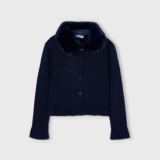 Mayoral Girl's Navy Knitted Fur Collar Cardigan