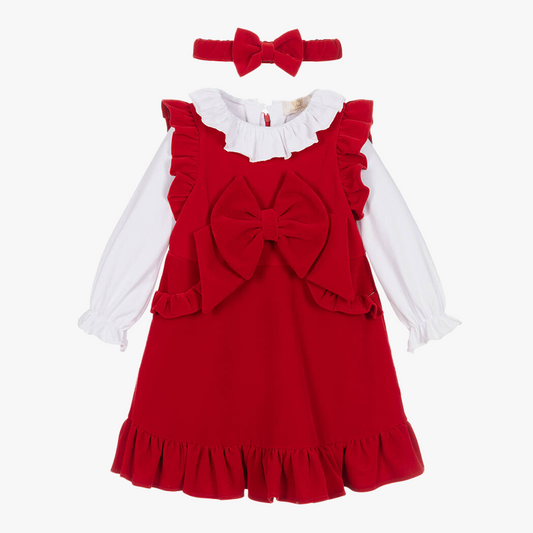 Caramelo Girl's Red Cotton Velvet Dress Set