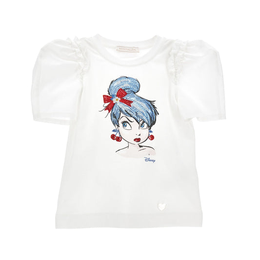 Monnalisa Girl's White Tinkerbell Puff Sleeve Jersey T-Shirt