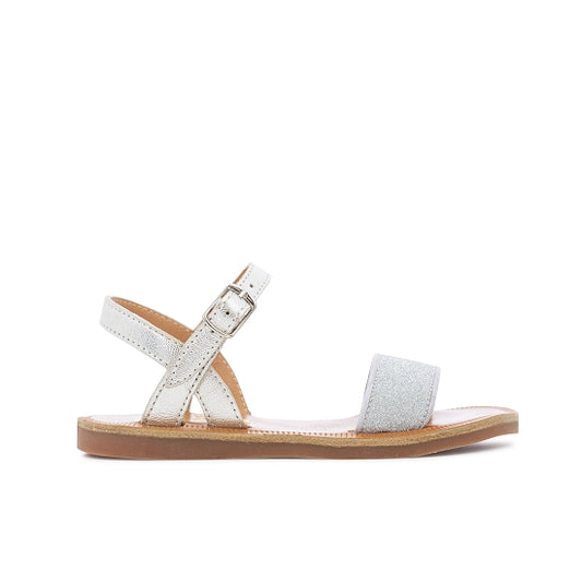 Pom D Api Girl's Silver Metallic Leather and Glitter Canvas 'Plagette Buckle Tao' Sandals
