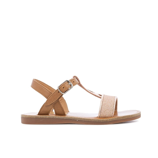 Pom D Api Girl's Smooth Leather Camel and Glitter Canvas ' Plagette FL' Sandals