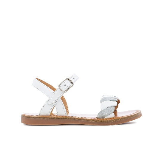 Pom D Api Girl's Smooth Leather White and Glitter Canvas 'Plagette Twist' Sandals